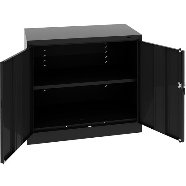 A black metal Tennsco storage cabinet with open doors.