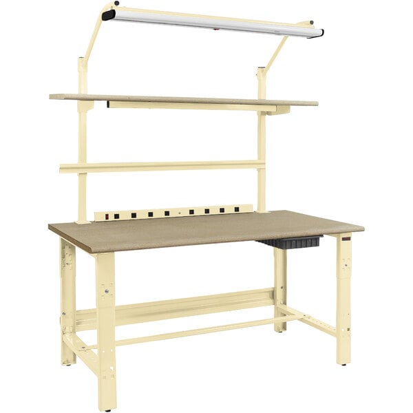 A beige and tan BenchPro Roosevelt workbench with a shelf and two shelves.