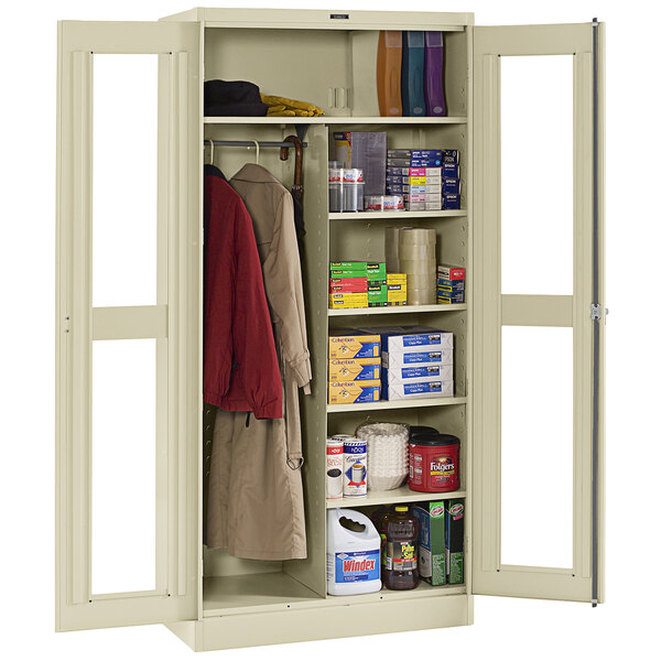 A Tennsco putty metal combination cabinet with open C-Thru doors.