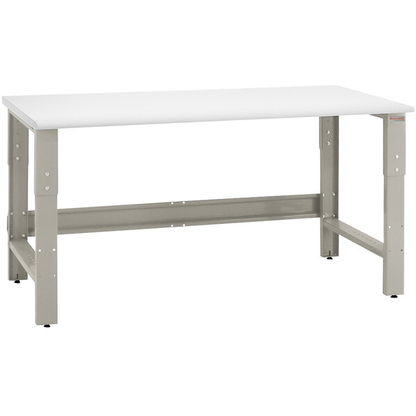 A white rectangular workbench with a gray metal frame and round front edge.