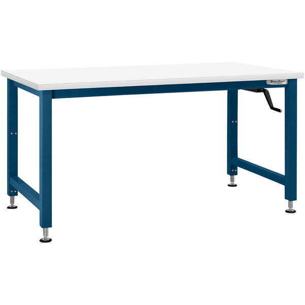 A white Formica workbench top with blue legs.