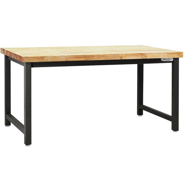 A BenchPro Kennedy workbench with a butcherblock wood top and black legs.