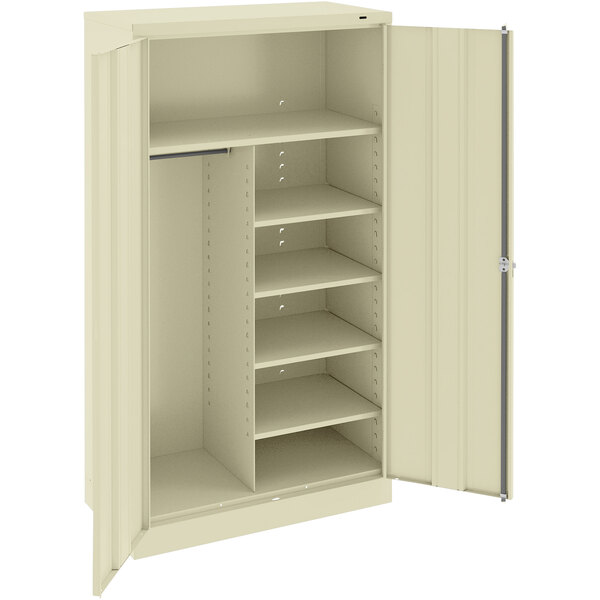 A beige Tennsco metal combination cabinet with shelves and solid doors.