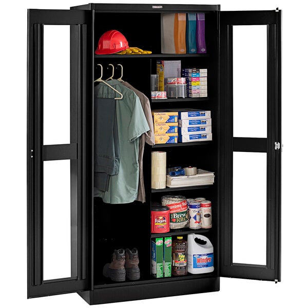 A black Tennsco metal combination cabinet with open C-thru doors.