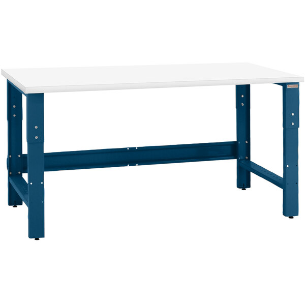 A white rectangular workbench top with a black border on blue legs.