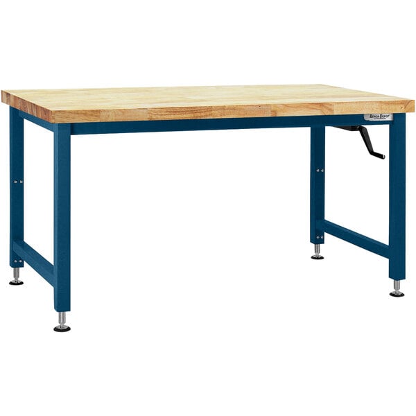 A BenchPro Adams workbench with a wooden top and blue legs.