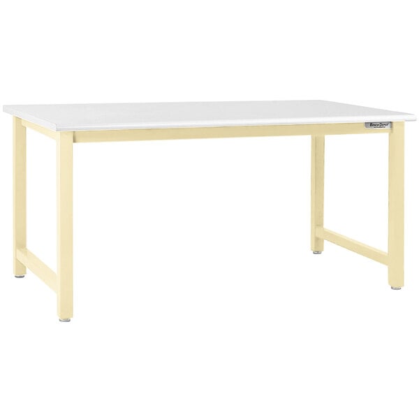 A BenchPro Kennedy laminate workbench with beige legs.
