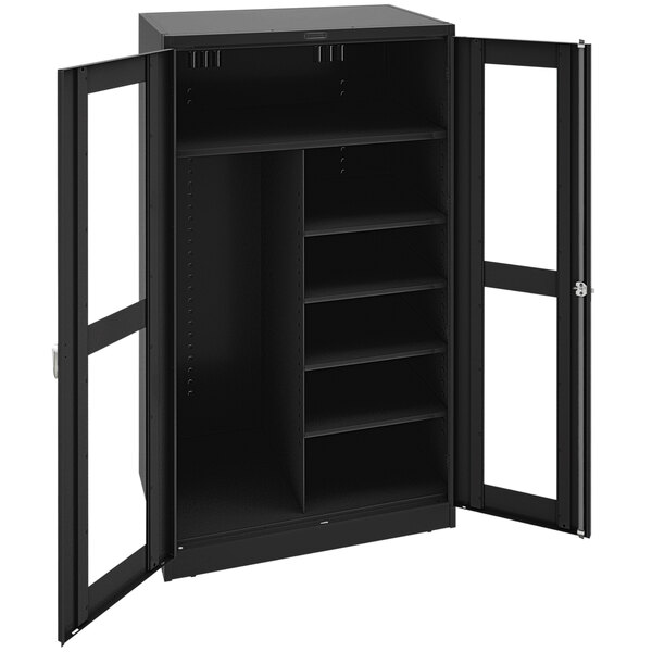 A black metal Tennsco combination storage cabinet with open C-Thru doors.