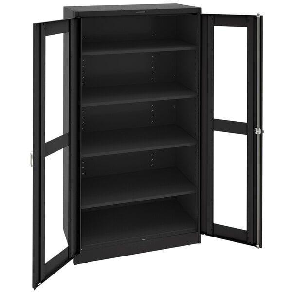 A black Tennsco deluxe storage cabinet with C-Thru doors.