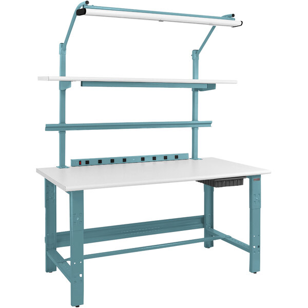 A blue and white BenchPro workbench with shelves.