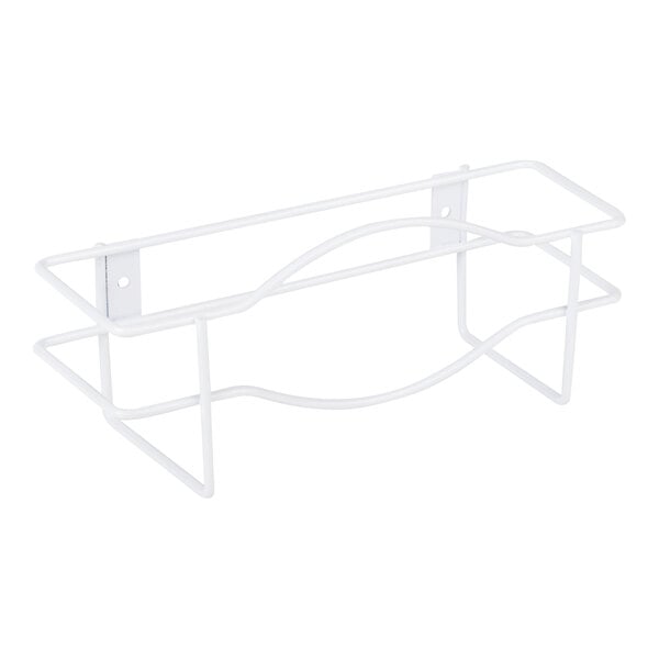 A white metal wire wall mount for glove boxes with a curved edge.