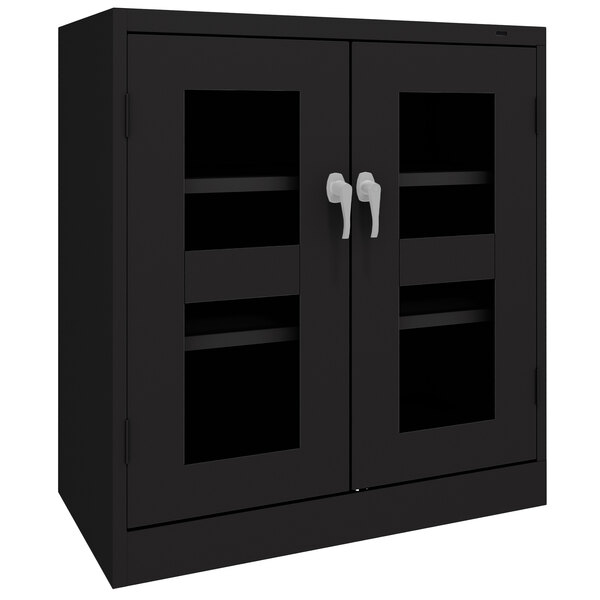 A black Tennsco storage cabinet with C-Thru doors.
