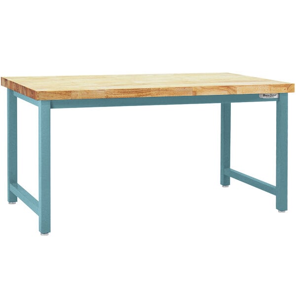 A BenchPro Kennedy workbench with a wooden top and light blue legs.