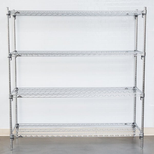 A Metro Super Erecta chrome wire shelf unit with four shelves.