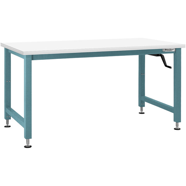 A white BenchPro workbench with light blue metal legs.