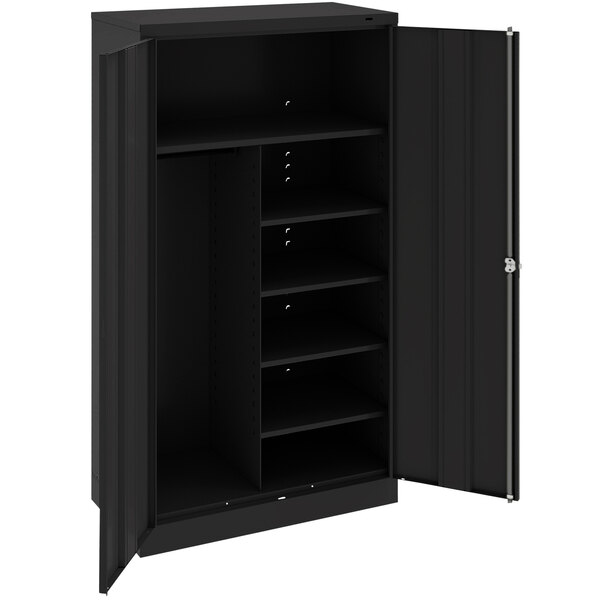 A black metal Tennsco standard combination cabinet with open doors.