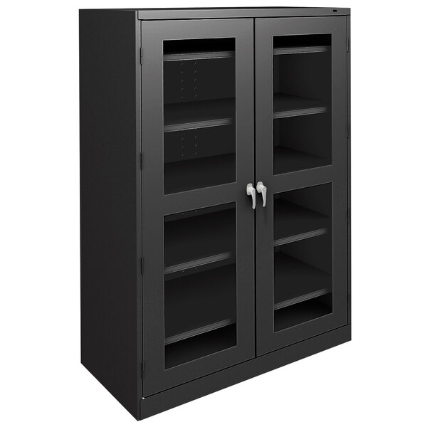 A black metal Tennsco storage cabinet with C-Thru doors.