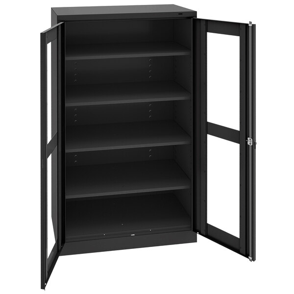 A black metal Tennsco storage cabinet with C-Thru doors.
