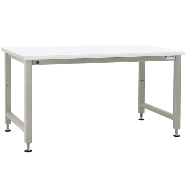 A white BenchPro workbench with metal legs.