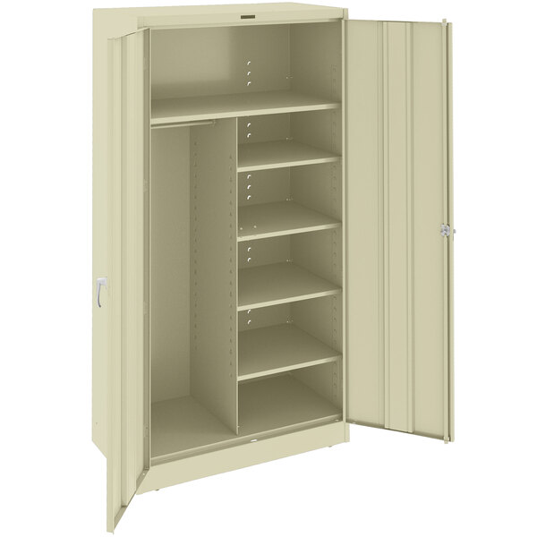 A white metal Tennsco combination cabinet with shelves.