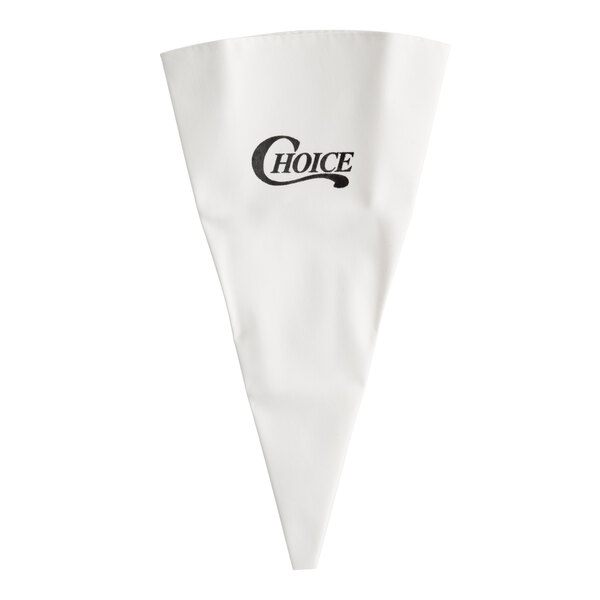 A white reusable pastry bag made of plastic-coated canvas with the word 'Choice' printed on it.