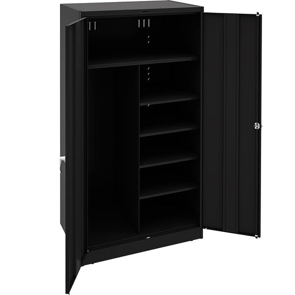 A black Tennsco metal combination cabinet with solid doors.