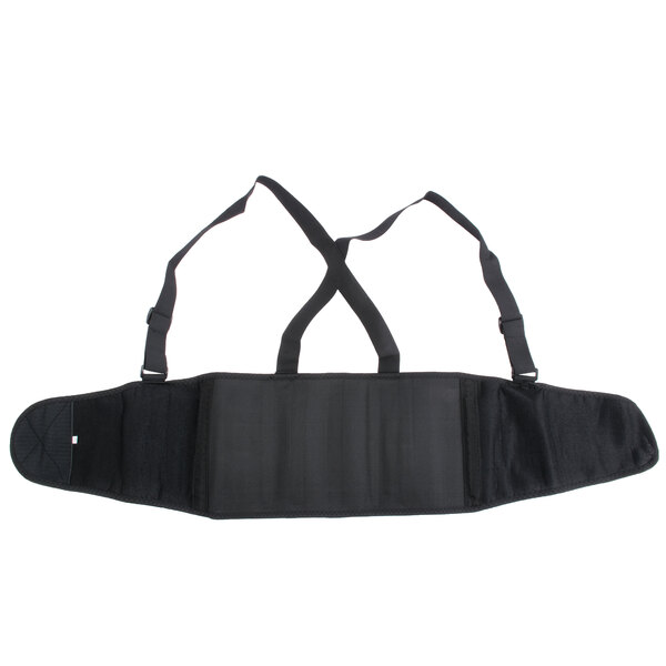 A black Cordova back support belt with black straps.