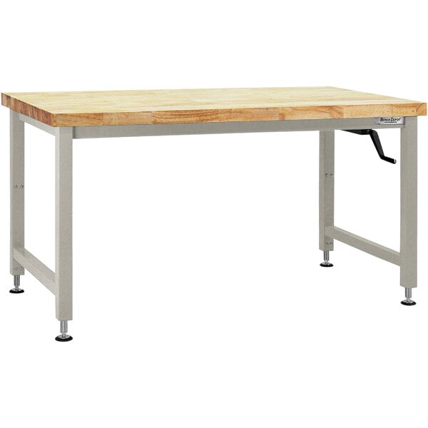 A BenchPro Adams workbench with a wooden top and gray metal legs.