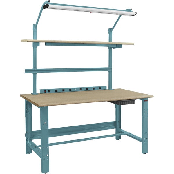 A blue BenchPro workbench with a light blue base and light above it.