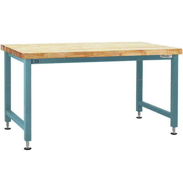 A BenchPro Adams workbench with a wooden top and light blue legs.