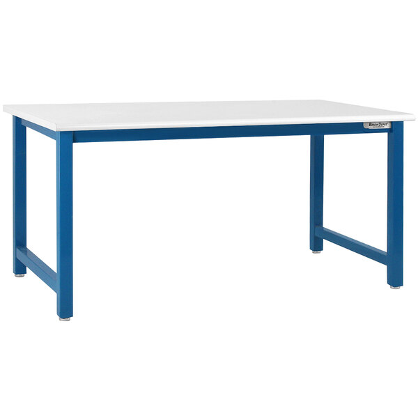 A blue workbench with a white surface.