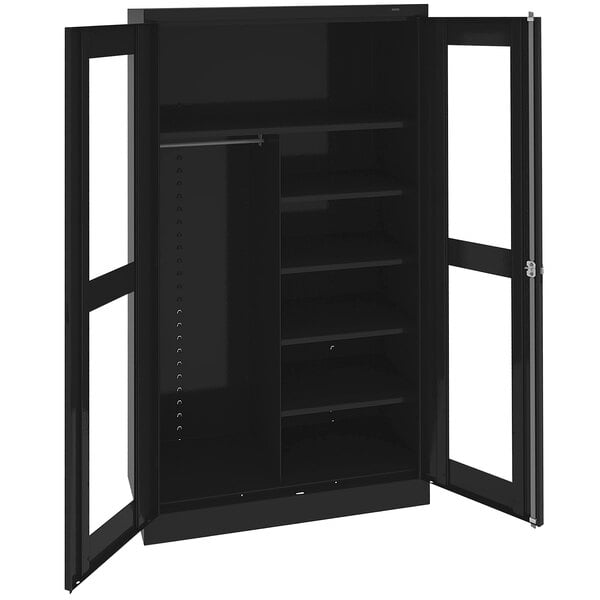 A black Tennsco combination cabinet with C-Thru doors on shelves.