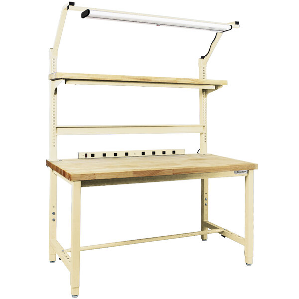 A BenchPro Kennedy wooden workbench with a shelf.