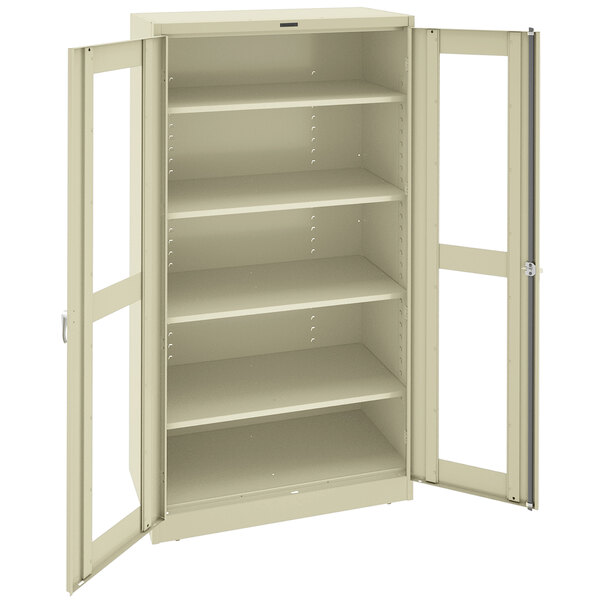 A beige metal cabinet with open C-Thru doors.