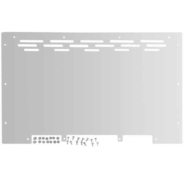 A white rectangular Solwave antenna shield with screws and holes.