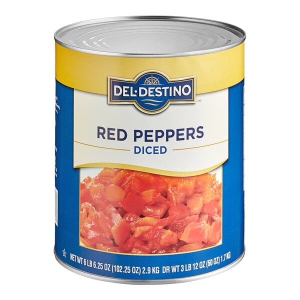 A Del Destino #10 can of diced red bell peppers.