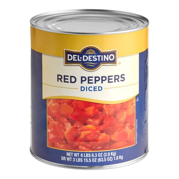 A large can of Del Destino diced red bell peppers.