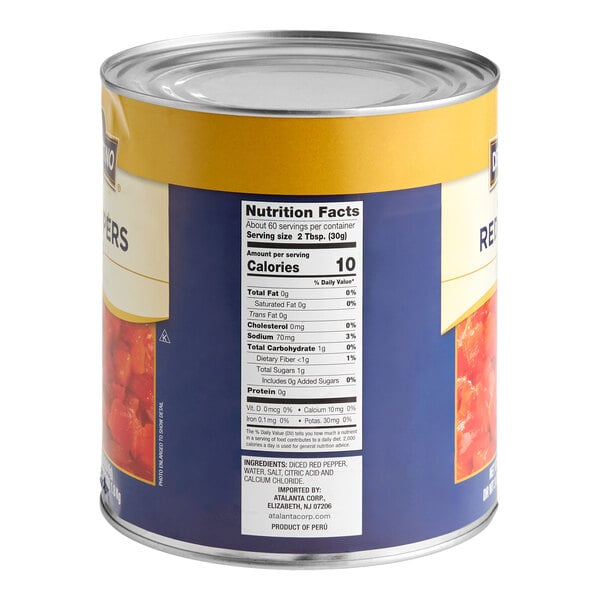A large can of Del Destino diced red bell peppers.