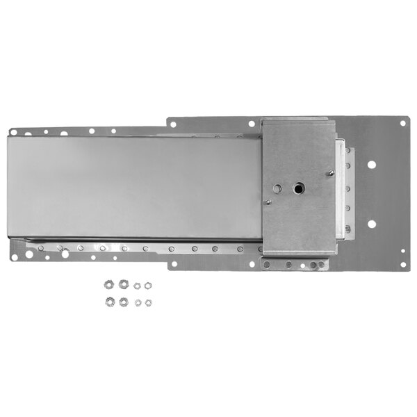 A metal waveguide assembly with a metal plate and screws.