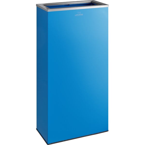 A blue rectangular Lancaster Table & Seating waste receptacle with a silver top.