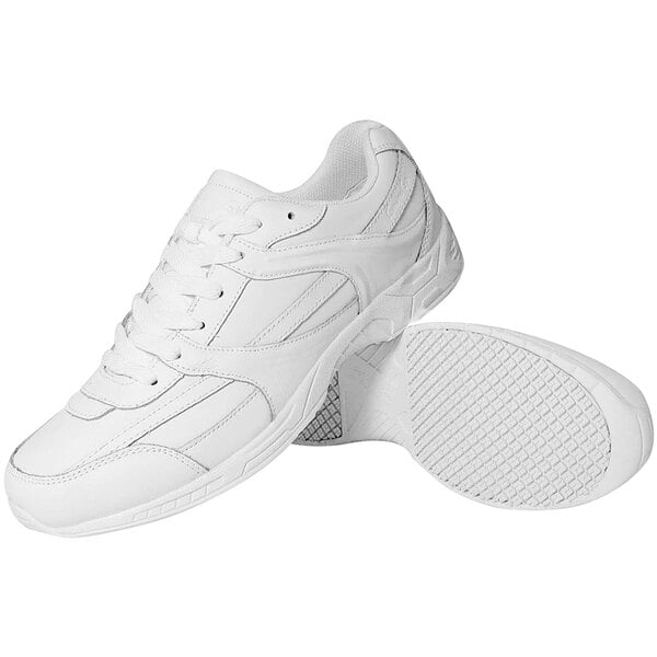 A pair of white athletic shoes with laces and textured non-slip soles.