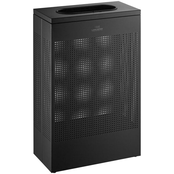 A black rectangular Lancaster Table & Seating waste receptacle with mesh holes.