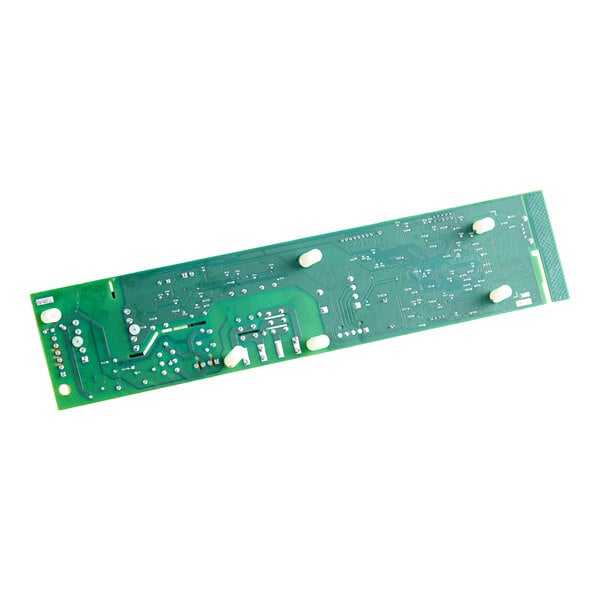 A green rectangular circuit board with various electronic traces, solder points, and a few white standoffs visible.