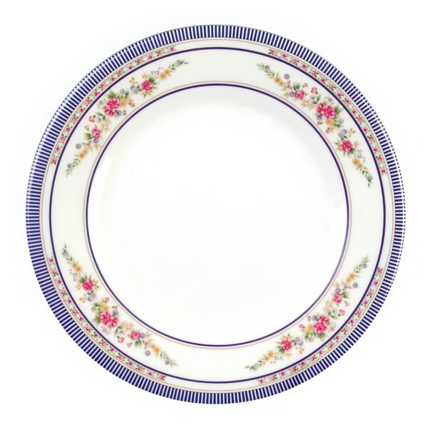 A white Thunder Group melamine plate with a floral border.