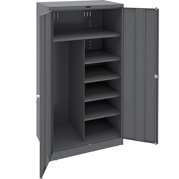 A dark gray metal Tennsco combination cabinet with solid doors and shelves.