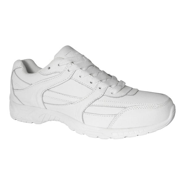 A white athletic shoe with laces and a textured sole, shown from a side angle.