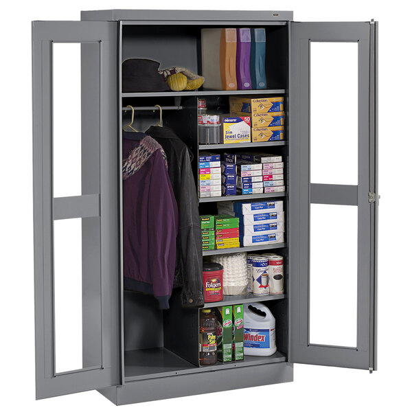 A dark gray metal Tennsco combination cabinet with open C-Thru doors.