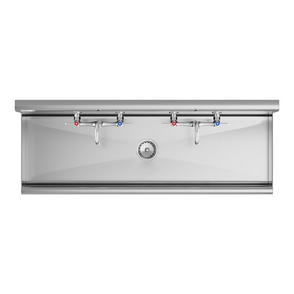 A Regency stainless steel wall-mounted hand sink with two faucets.