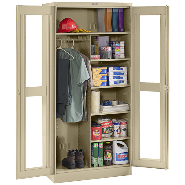 A beige Tennsco combination storage cabinet with open C-Thru doors.