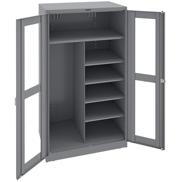 A dark gray Tennsco metal combination cabinet with open C-Thru doors.